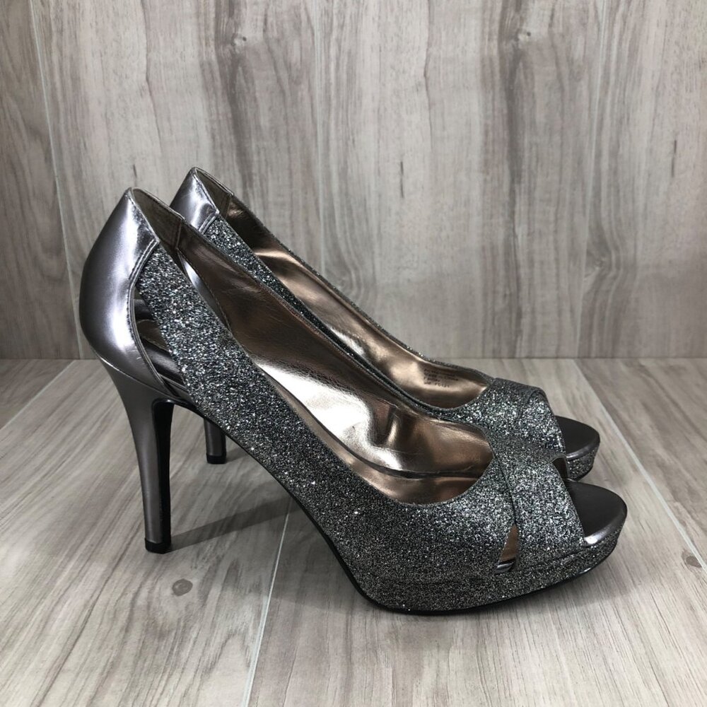 Alfani Heels Womens 9M Fairfax Glitter Pewter Silver Peep Toe Slip on Stiletto